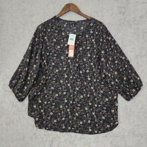 NWT Bobeau Womens Black Purple Floral Lace-Up Top 1X Chiffon JPT